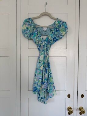 Sky to Moon Blue & Green Swirl Puff-Sleeve Romper